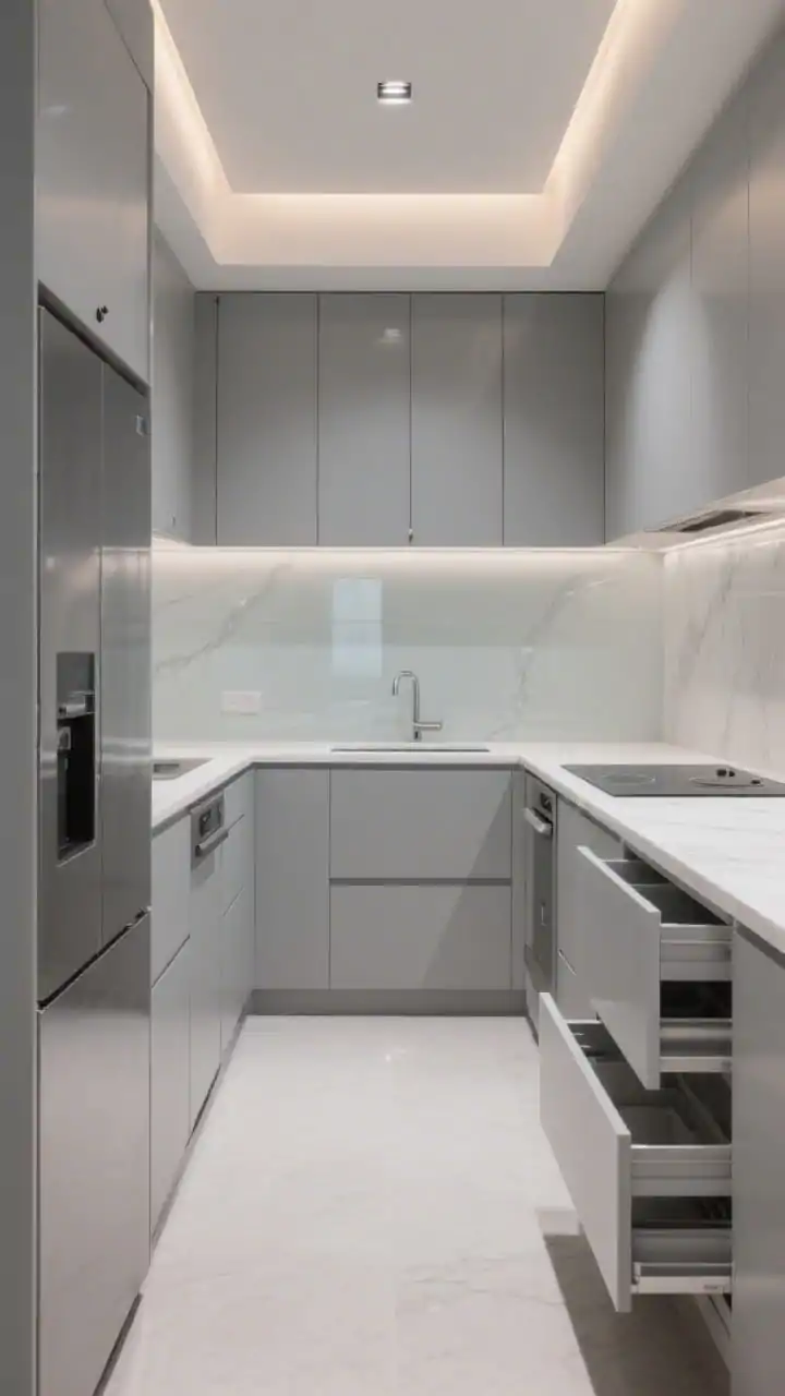 Wide U-shaped modern minimal kitchen, straight-on central view: soft grey high-gloss slab doors with integrated J-pull handles, pure white quartz counters with a dramatic waterfall edge on one leg, continuous misty grey back-painted glass backsplash, fully integrated panel-ready fridge and dishwasher, flush induction cooktop, corner carousels and deep pan drawers slightly open to suggest storage, recessed ceiling LEDs at 3000K casting a warm, even glow; ultra-clean, uncluttered, boutique feel, photorealistic.