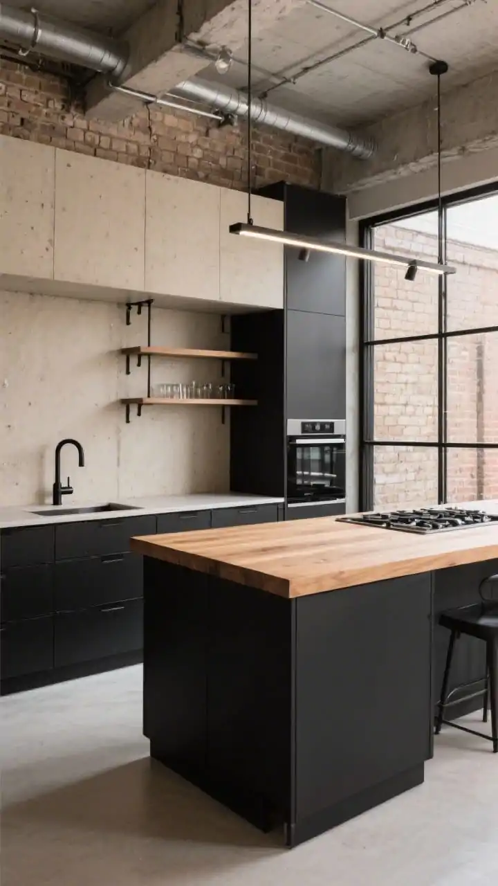 Wide urban loft perspective from a corner angle: black lower cabinets, beige concrete-look uppers, thick natural oak island top with architectural heft; a section of brick painted beige adding warmth; black steel open shelving with heavy-duty bar hardware; linear rail of track lights washing surfaces, black pot filler over cooktop; greige, industrial black, raw oak palette; black framed glass partition subtly zoning the space; refined industrial, photorealistic.