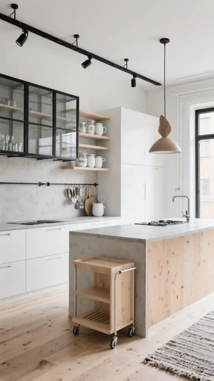 Wide “Urban Nordic Loft”: flat white cabinets with concrete-look counters, black-framed glass upper cabinets like steel windows; pale timber island as warm focal point; black track lighting plus a single sculptural pendant; open shelves with white enamelware and clear jars, tidy and minimal; wall-mounted rail system for utensils, skinny rolling cart in pale wood tucked under counter; flooring in bleached oak planks with a wool runner; cool industrial-meets-cozy mood, daylight and accent lighting; no people.