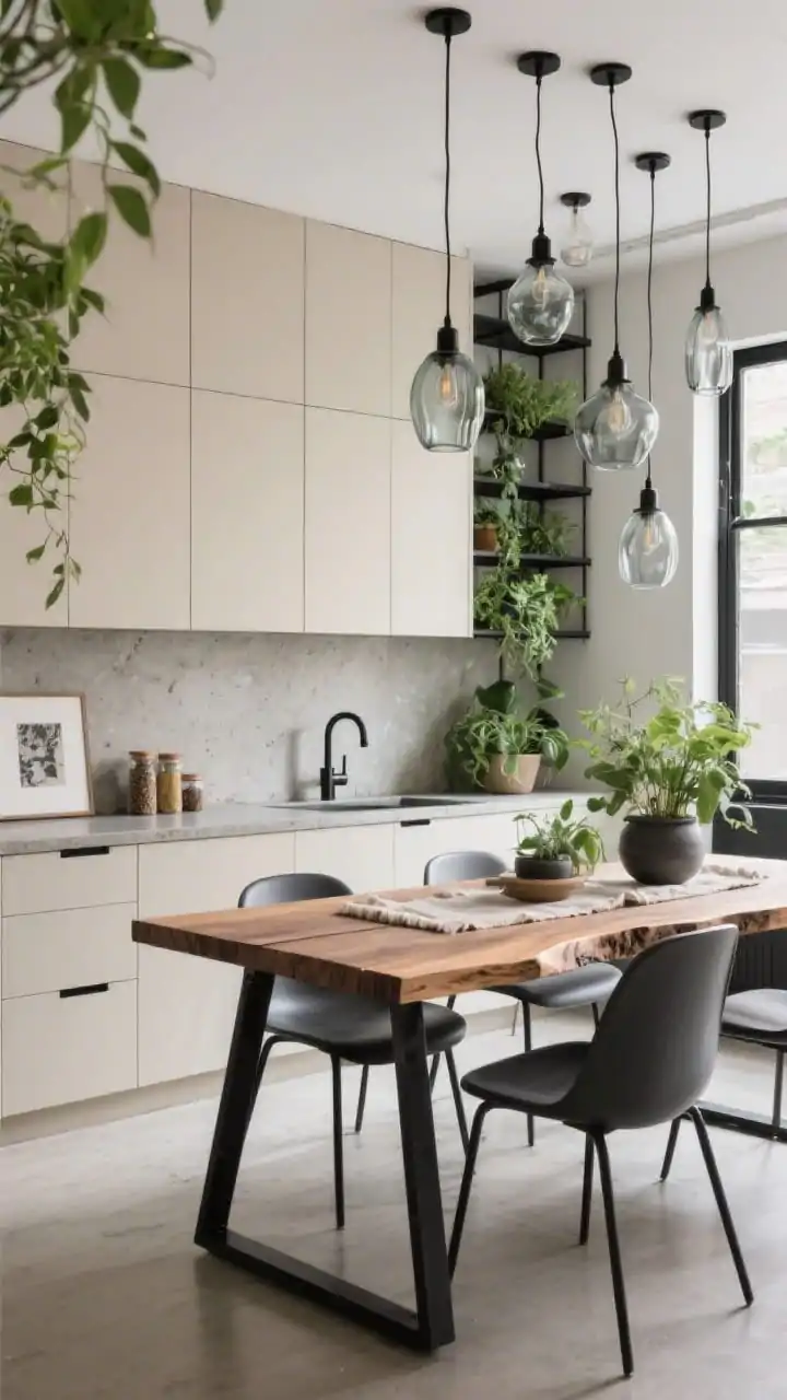 Wide urban organic room shot with layered greenery: putty-colored kitchen cabinets, poured-look concrete countertop and matching backsplash ledge styled with spices and small art; black steel open shelves supporting cascading plants; dining zone with a live-edge walnut table on black metal trestles, surrounded by molded plastic chairs; a cluster of smoky glass pendants at varying heights sparkling above the table; consistent black accents faucet, chair legs, shelf brackets running through both zones; textures of concrete, matte ceramic planters, and a linen table runner; palette of putty, soot black, warm walnut, verdant green; soft daylight with gentle shadows, no people, photorealistic.