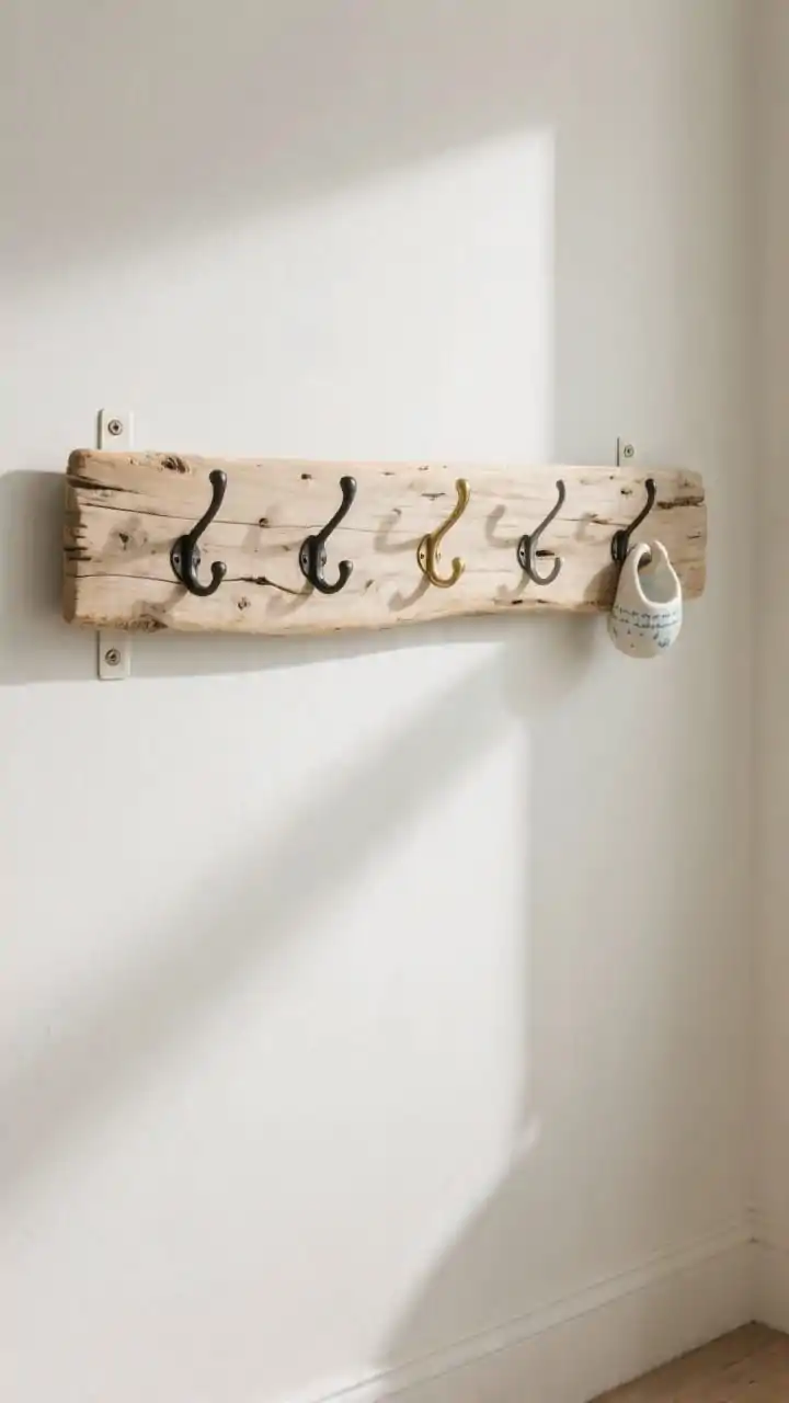 5-foot sun-bleached driftwood plank with the back sanded flat and optionally sealed in clear matte. Evenly spaced mixed metal hooks (black iron, brass, and a single ceramic hook) pre-drilled and attached for a curated feel. Mounted securely with two screws into studs, level at about 64 inches from the floor on a pale wall. Shadows from soft ambient daylight emphasize the organic grain and knots; overall calm coastal mood with functional elegance. No coats on hooks to highlight design. No people, photorealistic.