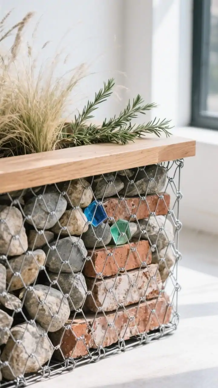 A closeup detail shot of a modern gabion planter: galvanized wire basket filled with an artful mix of river rock, reclaimed brick, and a few colored glass chunks for pop; top capped with a smooth wood plank edge; soft grasses and trailing rosemary spilling gently over; crisp, bright daylight showcasing the contrast between industrial mesh and organic textures; tight framing to highlight fill patterns and plant contrast.
