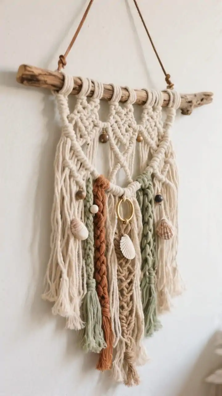 A closeup, straight-on detail of a boho driftwood wall hanging: a long, slim driftwood branch as the top bar, with cascading cotton cords and jute strands in creamy neutrals accented by sage and rust; mixed macramé knots, braids, twists, and loose fringe at staggered lengths; subtle beads, a few small shells, and brushed brass rings interspersed; hung by a tidy leather cord on a calm off-white wall; soft, diffused daylight highlighting tactile fibers and the organic wood texture.