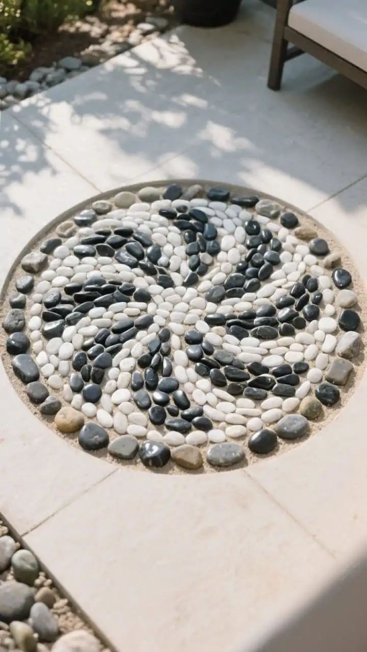 A detailed overhead closeup of a pebble mosaic medallion set into a small patio circle: contrasting black and white pebbles arranged in a classic circular pattern with a subtle wave motif around the rim; pebbles seated in polymeric sand, surface slightly sunken for safety; edges trimmed with a thin ring of smooth river stones; soft morning light skimming across to emphasize the glossy/satin textures of wet-and-dry pebbles; no furniture, just the artful ground focal point.