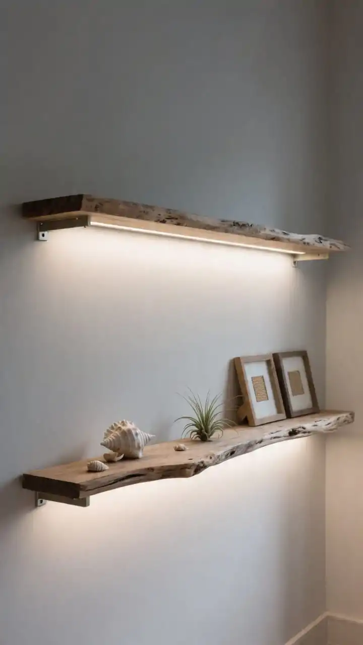 A medium, corner-angle shot of a floating driftwood shelf ledge made from a thick, flat piece of wood with concealed brackets, casting a warm white 2700–3000K LED glow from a hidden strip underneath; styled sparingly with shells, a small air plant, and a couple of mini frames; pale gray wall for contrast, matte beeswax finish enhancing grain without gloss; optional second offset shelf above for asymmetry; evening ambient mood with the LED as the primary light source, clean and minimal.