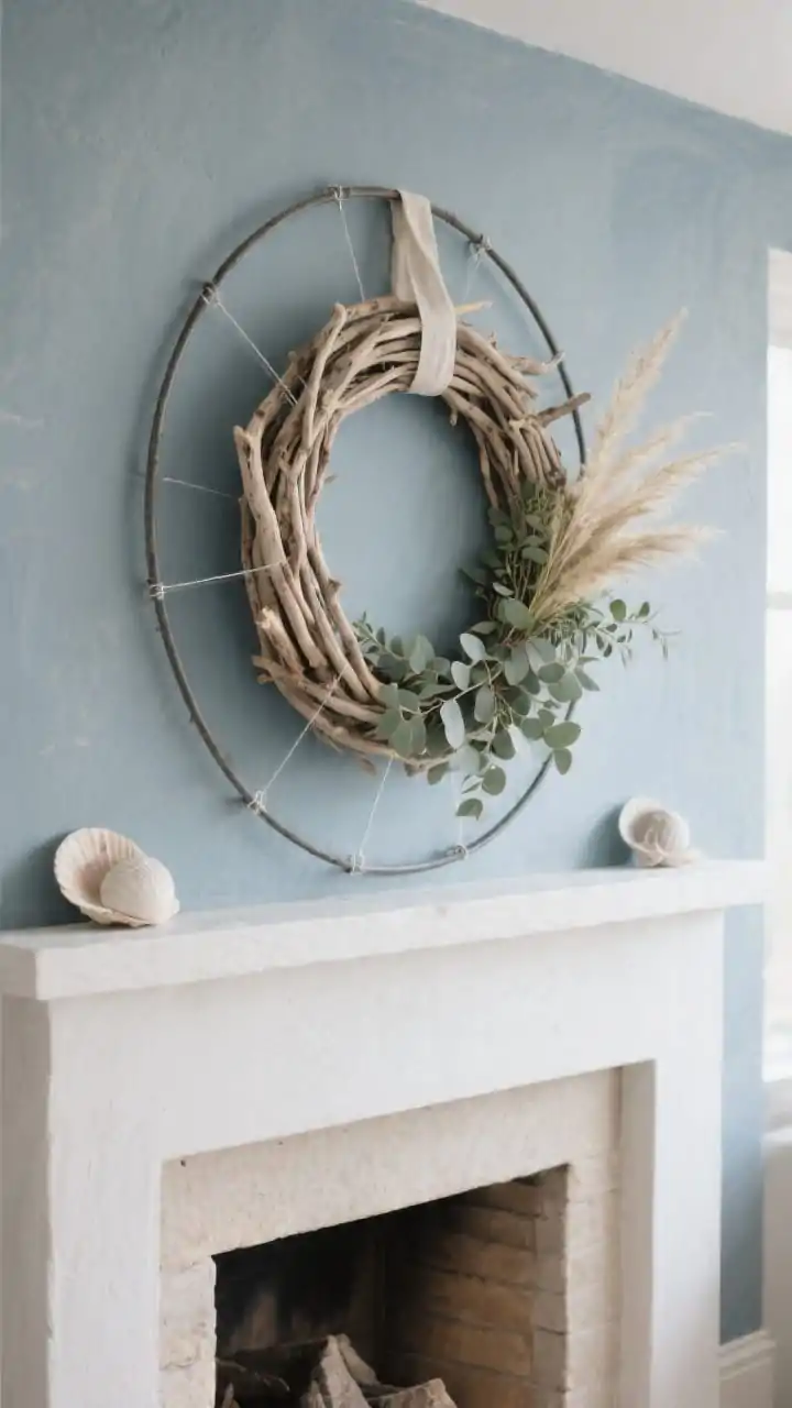 A medium shot above a fireplace mantel showing an indoor coastal wreath made from thin driftwood twigs spiraled around a metal ring base, lightly wired with eucalyptus sprigs and a few dried grasses; imperfect, airy edges for a modern feel; minimal accents like matte shells and a narrow linen ribbon, discreet clear fishing line attachments; neutral plaster wall in smoky blue-gray; gentle morning light for a fresh, effortless coastal mood, no other overpowering decor.