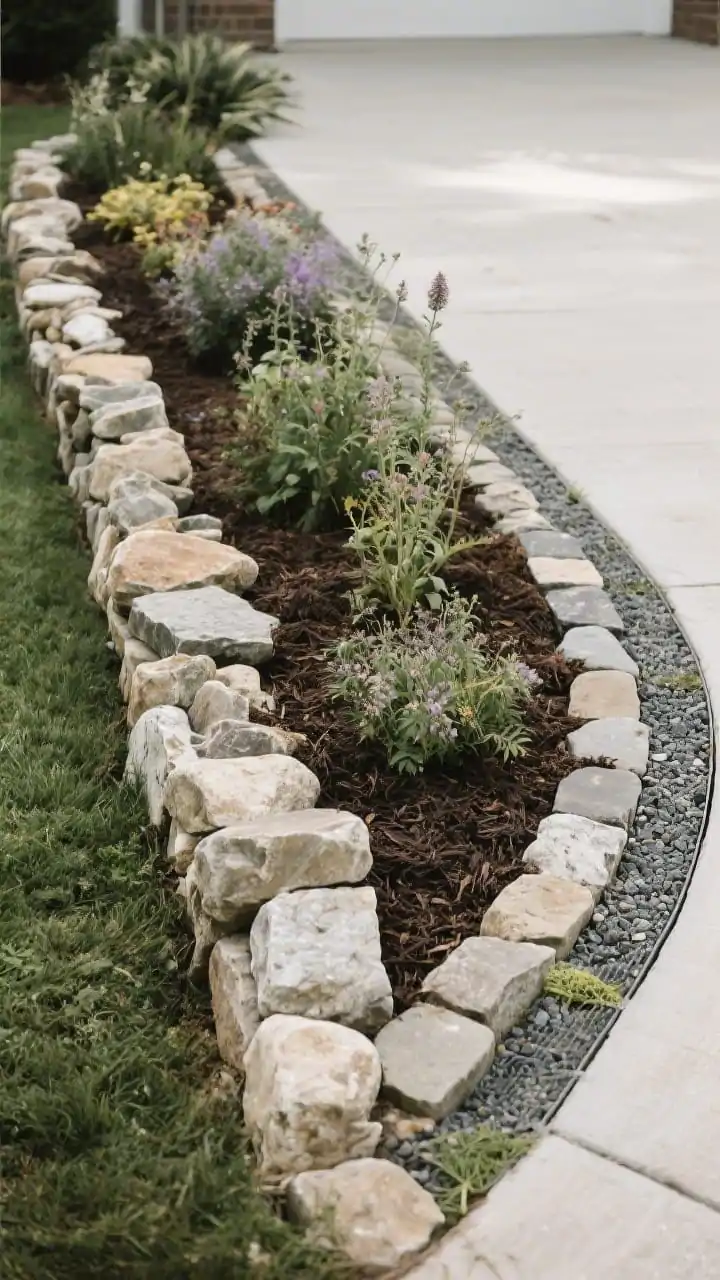 A medium shot of a flower bed framed by stone edging: a low 6–10 inch dry-stacked border of mixed medium stones for a cottage vibe along one side, transitioning to a half-buried cobblestone curb for a tidy edge on the other; a narrow gravel trench and weed barrier subtly visible at the base keeping the line crisp; mulch neatly contained inside with native perennials; overcast soft lighting to highlight texture; slight corner angle to show depth and the mower-friendly clearance.