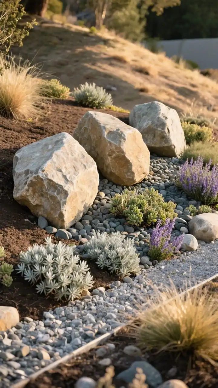 A medium shot of a low-maintenance rock garden on a sunny slope: three chunky boulders (in odd-number grouping) partially sunk one-third into the ground to feel rooted; layered textures of gravel, river rock, and crushed granite for contrast and drainage; drought-friendly plants tucked between sedum, hens-and-chicks, thyme, lavender, and dwarf grasses with silvery and spiky foliage; warm late-afternoon light accentuating contours; slightly elevated angle to read the layered composition.