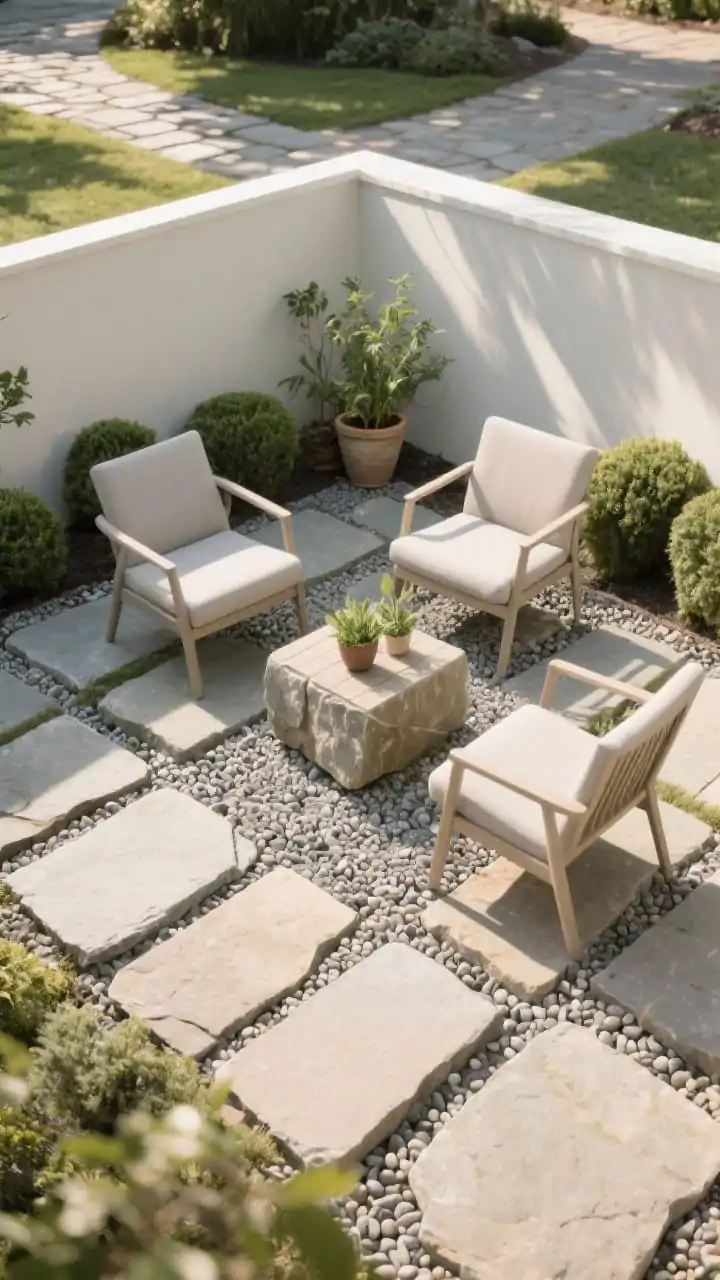 A medium shot of a stepping-stone seating nook: oversized thick pavers set close together to form a mini patio, with pea gravel brushed between for a stable, drain-friendly surface; two simple chairs and a compact side table on the stones; matching stone from a nearby path repeats for cohesion; potted herbs and dwarf evergreens clustered at the perimeter to soften the hardscape; warm morning sunlight and light shadows; viewed from a corner angle to emphasize intimacy.