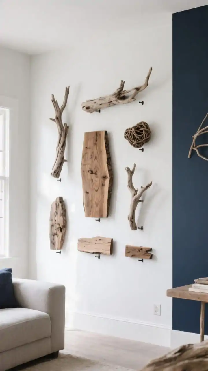 A medium, straight-on gallery wall in a living room with soft white walls or deep navy accent wall, featuring an artful arrangement of driftwood branches, knots, and mini slabs mounted with invisible hardware; varied sizes including one statement piece, cohesive 2–3 wood tones, generous negative space between pieces; natural daylight grazing across the wall to emphasize wood grain texture; minimal surrounding decor to keep the driftwood collection as the focal point, photorealistic coastal-modern vibe.