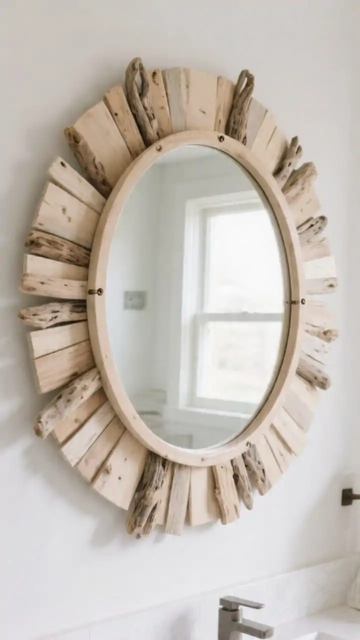 A medium, straight-on vanity wall featuring a round mirror framed by overlapping driftwood pieces layered like shingles for an organic silhouette; plywood backing hidden behind, varied lengths for movement and texture; satin clear coat on the wood, mirror edge crisp and clean; mounted with heavy-duty D-rings; placed opposite a window so daylight bounces into the room, creating bright, airy reflections; neutral palette with whites and sandy tones, photorealistic detail of grain and layered edges.