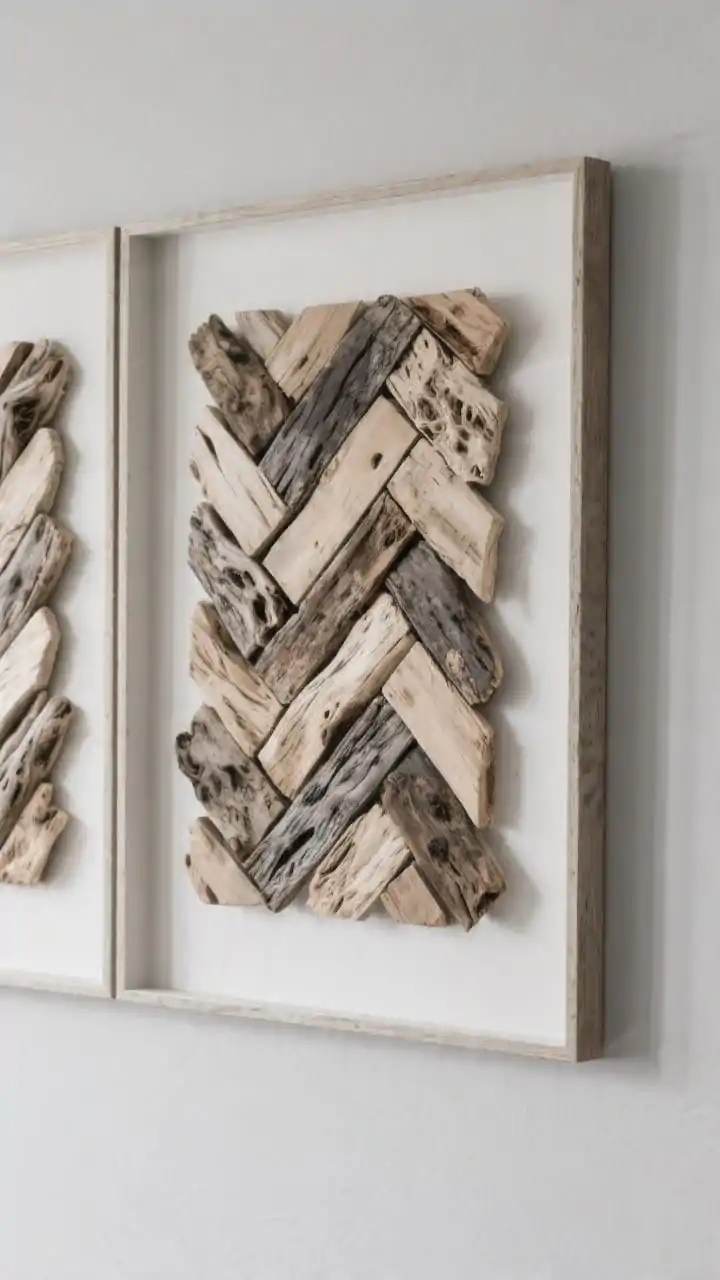 A straight-on, framed driftwood mosaic artwork in a shadow box on a pale gray wall, detailed closeup showing geometric herringbone pattern made from cut driftwood pieces in contrasting light and dark tones; precise dry-fit look with tight joints, rich grain variation, matte finish; photorealistic texture and depth from the shadow box sides; optional glimpse of a coordinated triptych panel edge to suggest a multi-panel installation; soft directional light creating subtle relief shadows.