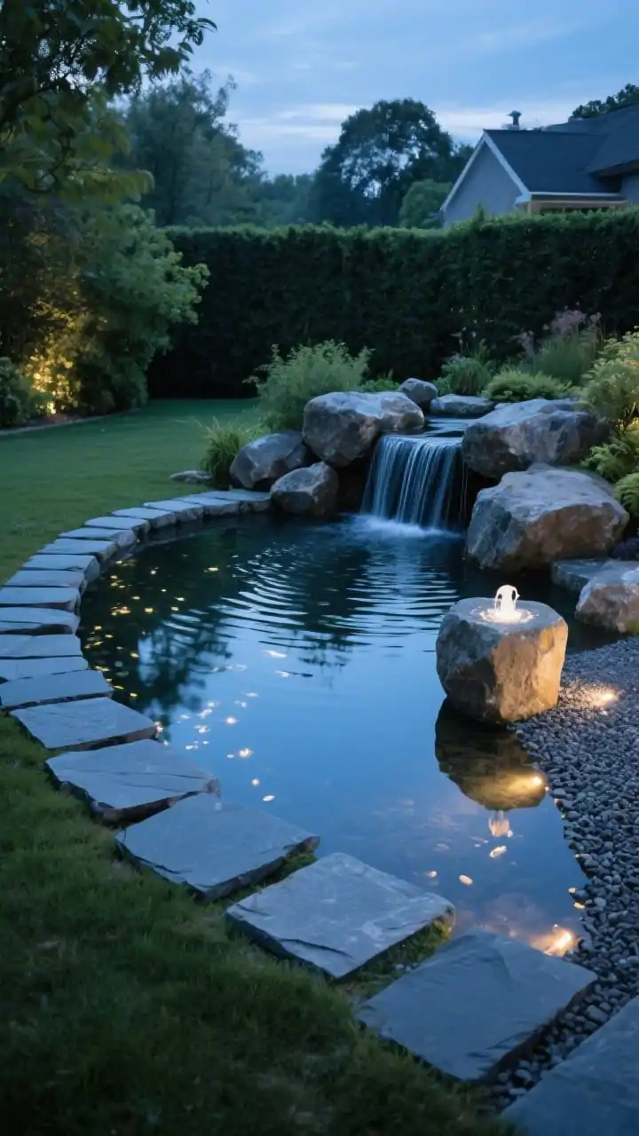 A wide backyard vignette of a small pond edged with neatly layered flat slate stones, framed by natural boulders; a short rock cascade feeds into the pond, creating gentle ripples; a disappearing fountain stone feature nearby bubbling into hidden gravel; submersible LEDs casting a subtle evening glow that makes the water sparkle; low, serene mood with blue-hour lighting and soft reflections; straight-on composition showing the full water feature framed by greenery.
