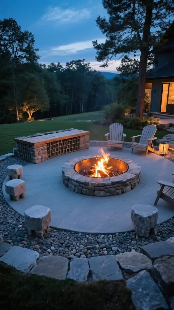 A wide, circular fire pit gathering area at dusk: a stone-clad ring with a metal insert at the center, set on a round pad of compacted gravel bordered by cobbles to catch sparks; surrounding flagstone circle defining the zone; seating arranged 2–3 feet apart low stone stools, a gabion bench with wood cap, and Adirondack chairs; warm firelight mixing with twilight blue ambient light for a cozy glow; straight-on view capturing the full circle and safe clearances from trees and structures.