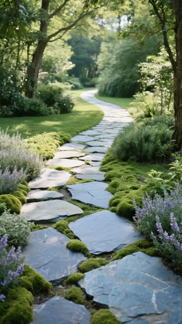 A wide, curving garden pathway composed of irregular flagstone slabs set 18–24 inches apart, winding through lush greenery; creeping thyme and Irish moss tucked between stones for a soft, fairy-tale finish; mix of slate and bluestone tones in cool grays and soft blues; natural daylight with gentle dappled sun filtering through trees; straight-on eye-level view from the start of the path inviting exploration, no destination visible, just a graceful loop that guides the eye.