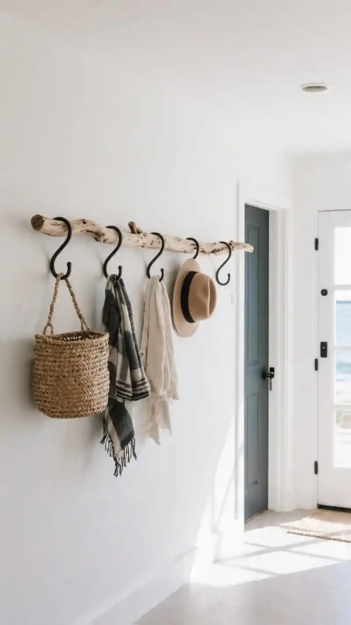 A wide entryway view with a minimal driftwood hanger rail mounted horizontally, featuring sturdy S-hooks holding hats, scarves, and a woven basket; additional small driftwood branch hooks spaced evenly 6–8 inches apart; raw, sanded edges to prevent snags; matte black screws for a Scandi-coastal contrast against a white wall; natural daylight from a side window casting gentle shadows; clean floors and uncluttered styling for functional, boutique-hotel cool.