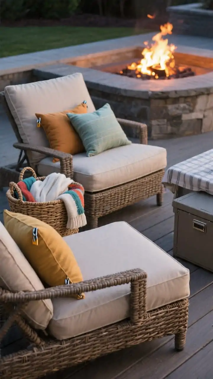 Closeup comfort vignette by the fire pit: performance cushions in neutral Sunbrella/Olefin with quick-dry foam on lounge chairs, accented by colorful throw pillows. Two woven baskets: one holding in-use throws, the other clean spares. Clips securing cushions, weighted corners on a small tablecloth. A weatherproof deck box sits nearby for storage. Soft evening glow from the fire, textures sharp fabric weaves, basket fibers. Tight composition, photorealistic.