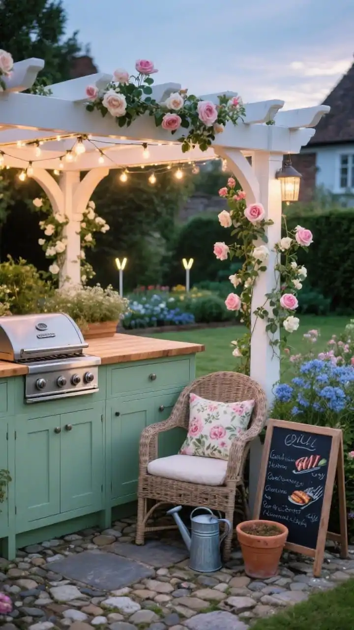 Closeup detail, Cottage Garden Grill Pergola at dusk: vignette of a soft sage-green cabinet with a compact built-in grill and a warm butcher-block counter; white pergola posts with climbing roses and jasmine trailing; stone cobbles visible below; wicker armchair edge with a floral cushion in frame, a zinc watering can and vintage terracotta pots nearby; a small chalkboard menu handwritten with the day’s grill picks; fairy lights overhead and soft glow from solar stake lights in adjacent flowerbeds; palette of sage, blush, cream, pale blue; photorealistic, romantic garden charm.