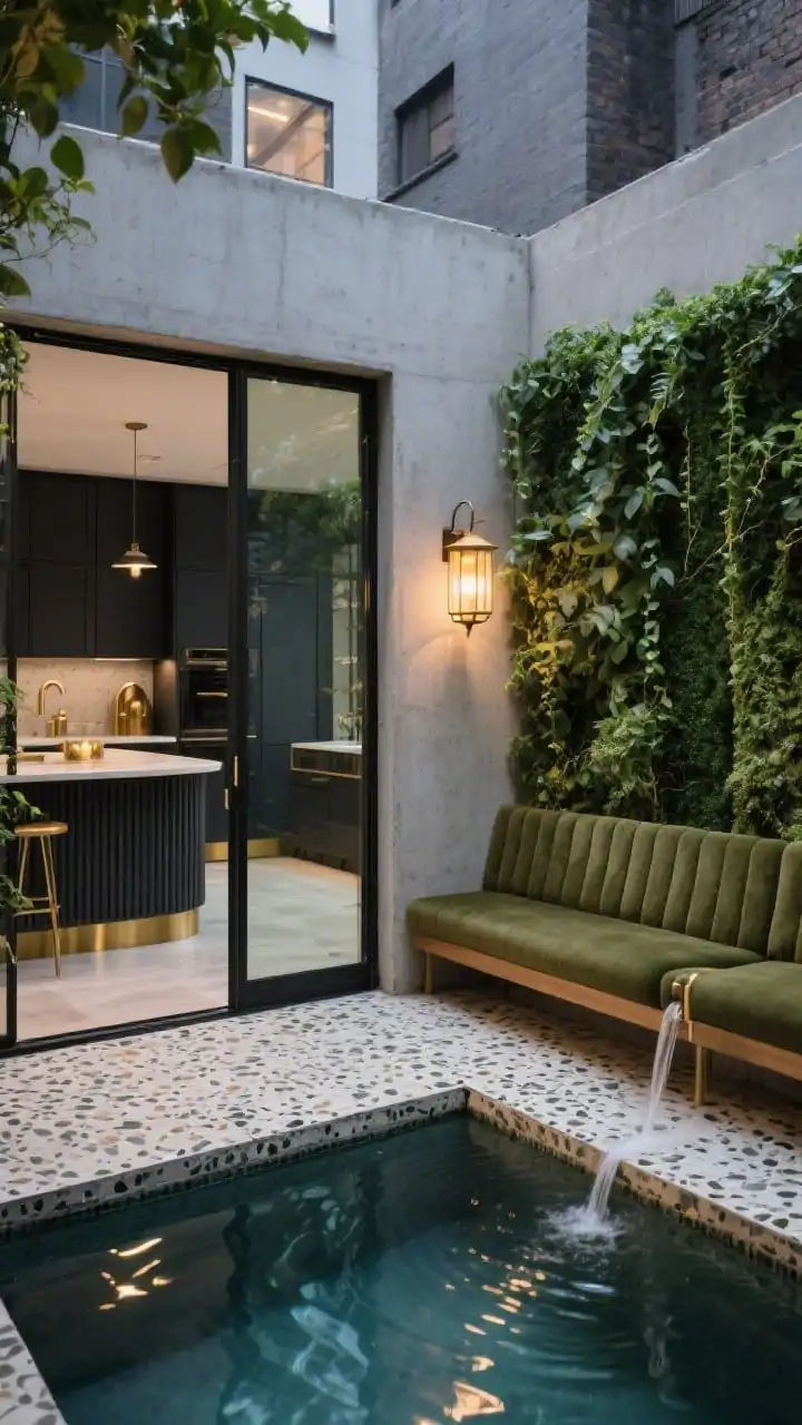 Closeup detail of an urban courtyard corner: compact plunge pool edge with rippling reflections; living green walls and trailing ivy panels creating a leafy cocoon; textured terrazzo pavers; a concrete wall with a linear water spout creating gentle acoustics; peek through sliding glass doors to moody interior with charcoal cabinetry, fluted island, brass accents, and an olive-upholstered L-shaped banquette; palette charcoal, olive, brass, cream; soft ambient evening lighting with warm lantern-style sconces out of frame.