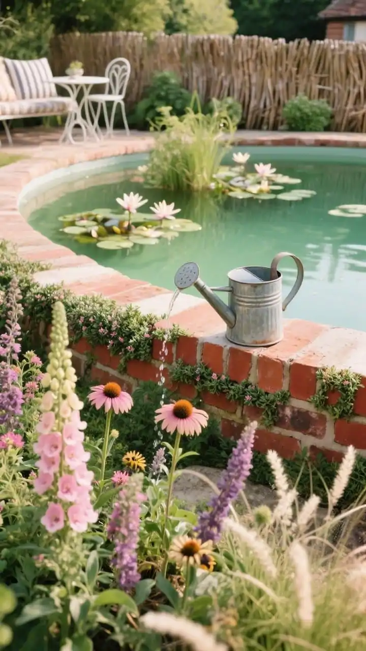 Closeup detail of cottage garden edge: reclaimed brick coping softened with creeping thyme around a compact round pool; water finish leans soft pond green. Foreground shows foxgloves, coneflower, bee balm, and salvia in bloom with a few airy ornamental grasses for movement. Behind a low braided willow fence, the regeneration zone bursts with floating lilies and oxygenating plants. Include a glimpse of a vintage galvanized watering can converted into a mini spout trickling into the pool; hint of a white metal bistro set and striped outdoor cushions softly out of focus. Lighting: gentle morning light, romantic storybook charm. Color palette: brick red, creamy white, petal pinks, meadow greens.