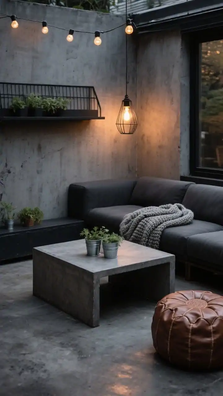 Closeup detail shot focusing on industrial cozy textures: raw concrete floor and wall as backdrop, edge of a compact charcoal sectional with squared arms, a concrete-look coffee table surface featuring tin pots with small herbs from a black metal wall shelf above; caged Edison bulb string lights hang overhead, one bulb prominently glowing; a chunky knit outdoor throw draped casually; a faux leather pouf peeks into frame adding warm tobacco tone; color palette: charcoal, steel, tobacco brown; photorealistic, moody evening lighting with warm filament glow.