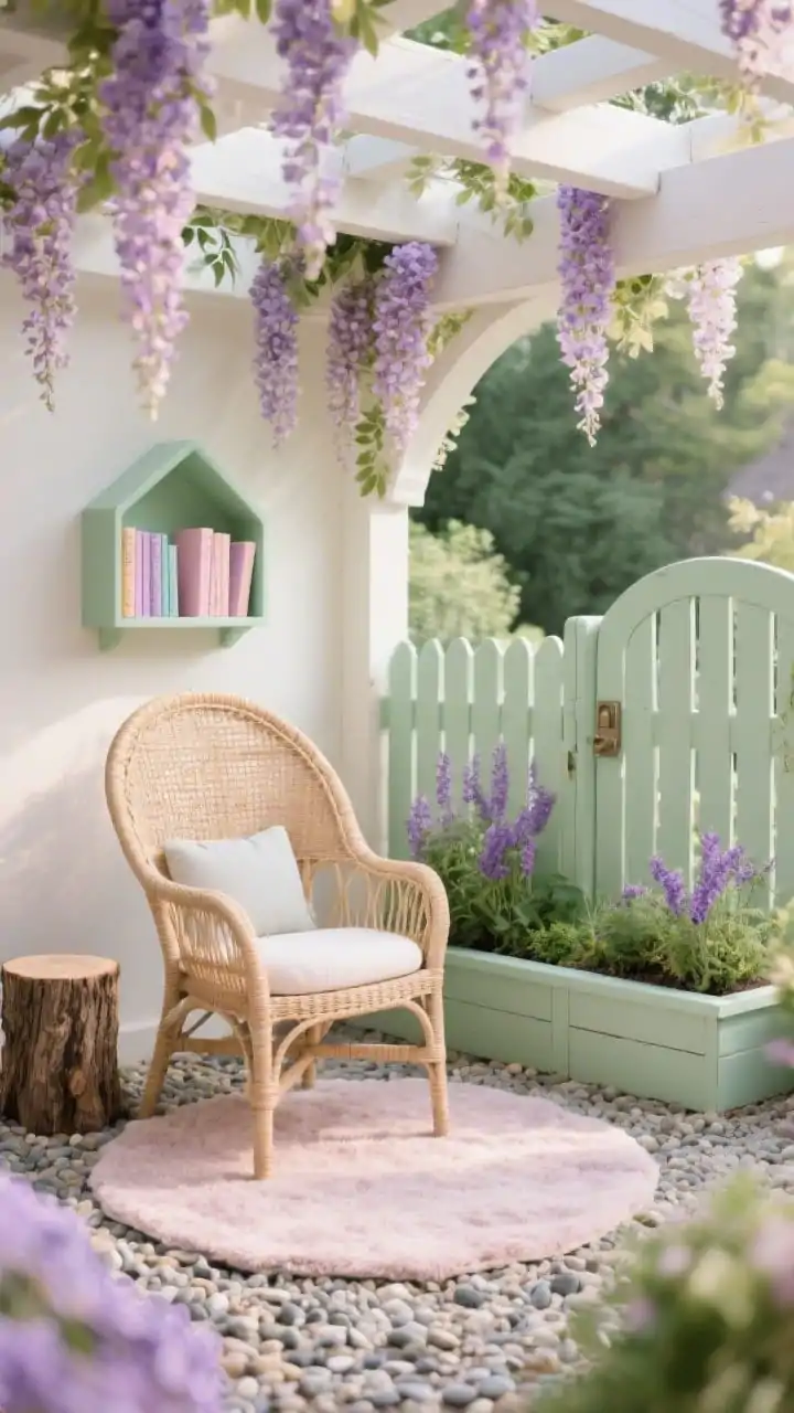 Closeup detail shot in a “Storybook Garden Nook”: pea gravel texture under a rattan egg chair’s curved edge, soft outdoor rug layered on gravel; pergola beam overhead draped with cascading faux wisteria blossoms; a pint-sized book caddy with pastel-spined books; nearby picket fence gate painted lavender and raised herb bed edging in sage tones; a small tree stump podium just out of focus; palette of lavender, sage, blush, creamy white; soft, diffused afternoon light creating a dreamy fairytale mood, no people, photorealistic.