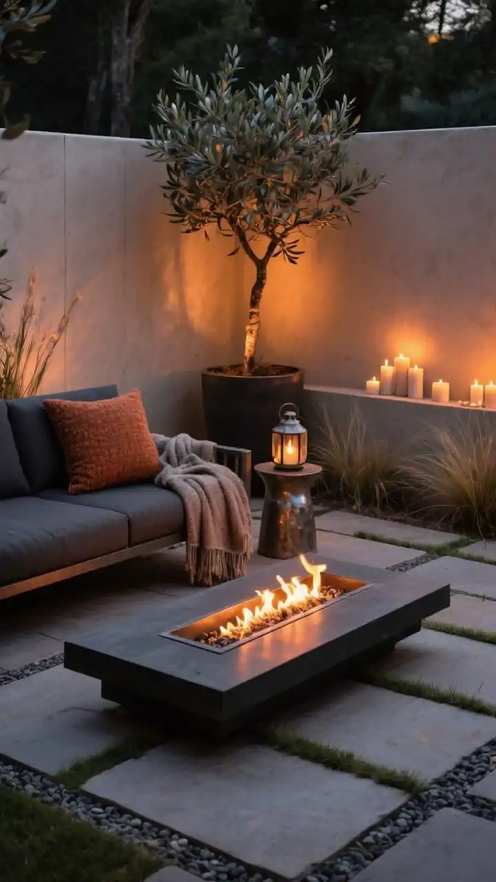 Closeup detail shot of the fire-and-glow micro courtyard: rectangular slimline gas fire table with flickering flame, charcoal and rust-toned bouclé-look outdoor cushions on a narrow lounge chair edge, wool-look throw draped over arm, hammered metal side table holding ceramic lanterns; large-format pavers with gravel joints visible, grasses and an olive tree in a tall planter softly lit; plaster-look privacy wall catching warm wall-washer LEDs and candle clusters, rich charcoal, rust, and amber tones, nighttime glow, photorealistic.