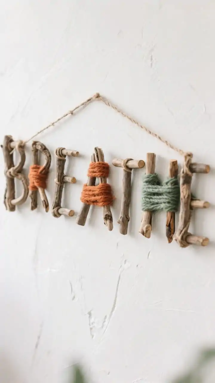 Closeup detail shot, overhead perspective: A rustic word art piece reading “BREATHE” crafted from small driftwood twigs tied with waxed twine. The lettering is clean, two-to-six-letter scale, with select sections wrapped in terracotta and sage yarn for subtle color pops. Set against a chalk-white background with soft, diffused light that highlights the twine knots, wood grain, and yarn texture; no people.