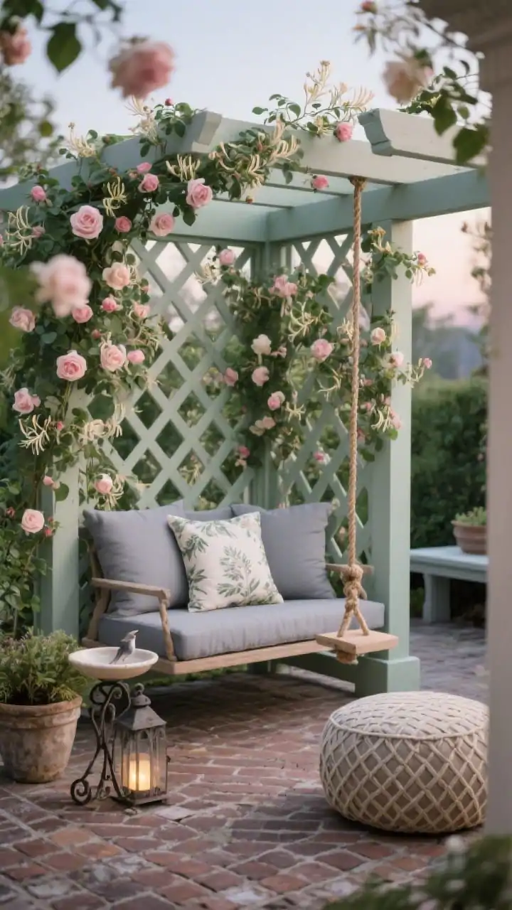 Closeup detail shot, Secret Garden Swing Pergola: lattice-sided square pergola wrapped in climbing roses and honeysuckle, petals and leaves filtering soft dusk light; french-gray porch swing cushions in botanical prints showing fabric texture; single rope swing partially visible; brick floor in basketweave pattern with the edge of an outdoor pouf; a small birdbath and solar lantern softly glowing; wrought-iron plant stand foot and weathered potting bench corner hinted in background; soft sage, blush, french gray, and cream tones; dreamy, whisper-quiet mood, photorealistic.