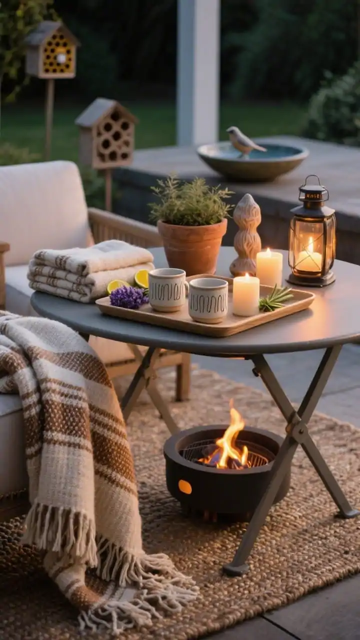 Closeup detail, tabletop vignette under warm evening light: styling elements that evoke a retreat. Outdoor-friendly textiles with woven textures and earthy stripes draped over a cushy rug; a compact gas fire bowl flickering nearby. On a small bistro table, a tray with pretty ceramic mugs and a folded throw blanket; citronella and lavender candles provide subtle scent. Include a decor trio beside: planter, lantern, and a small sculptural object; background blur hints at a shallow birdbath and a bee hotel. Photorealistic, tactile textures.