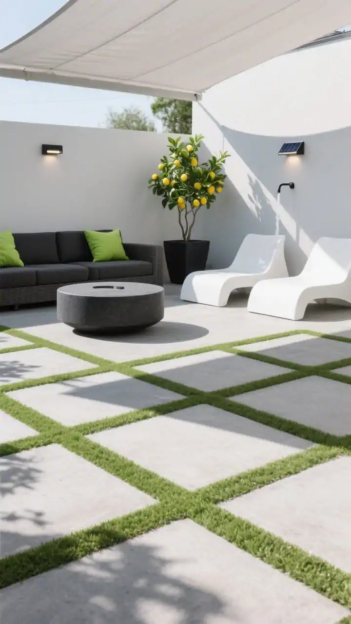 Closeup, low-angle detail of monochrome micro-grass grid at midday: light gray concrete slabs with narrow artificial turf strips forming a crisp checkerboard; front focus on the clean turf-slab junctions and sharp shadows; in background slightly softened, a charcoal modular outdoor sectional, round black concrete coffee table, and two white resin loungers for contrast; citrus trees in charcoal planters punctuating with electric green; geometric outdoor pillows and a minimal wall-mounted water spout visible; solar path spots implied; retractable shade sail above echoing the patio geometry; photorealistic, bold and modern, no people.