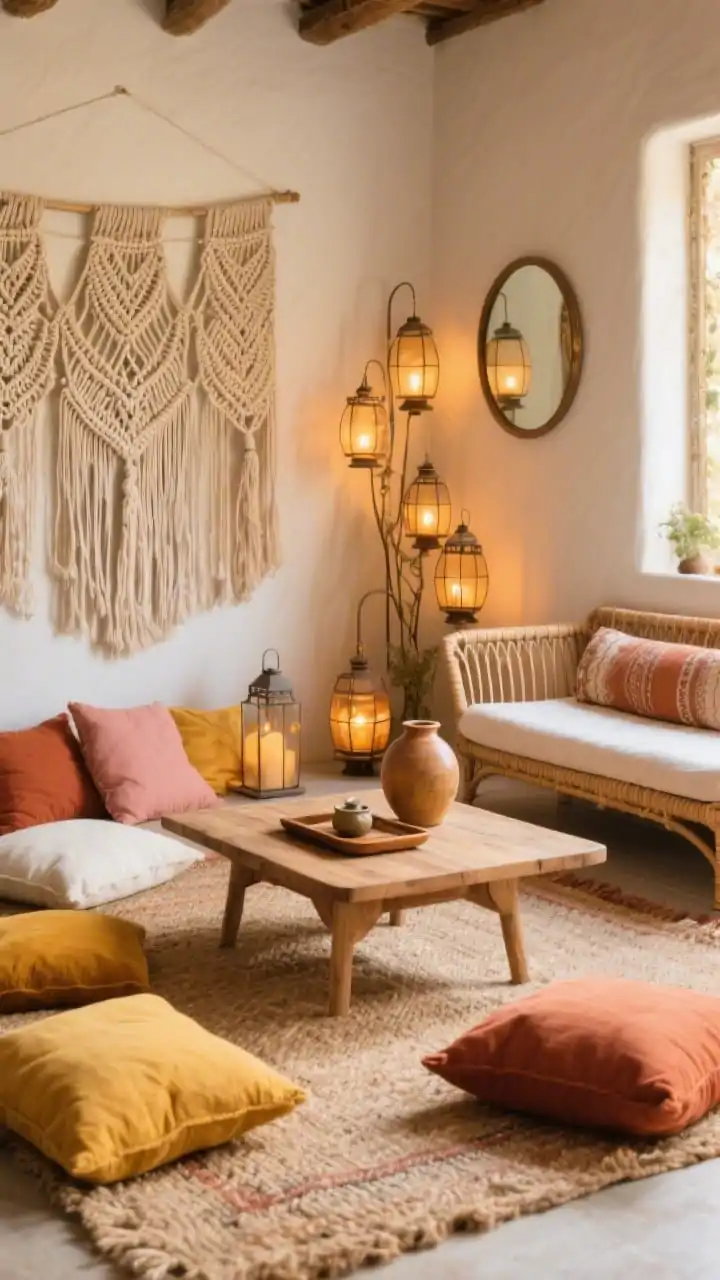 Closeup, low-angle detail shot capturing boho textures and layers: jute-look outdoor rug with scattered floor cushions in terracotta, marigold, and ivory; a low mango-wood coffee table with a tea tray and a ceramic vase; edge of a slim rattan daybed with bolster entering frame; macramé panel or weatherproof tapestry hanging along the long wall adding movement; a clustered group of lanterns at varying heights glowing warmly in one corner; a round mirror on the short wall subtly reflecting light to elongate the space. Palette of terracotta, marigold, blush, and natural rattan in soft golden-hour lighting, photorealistic.