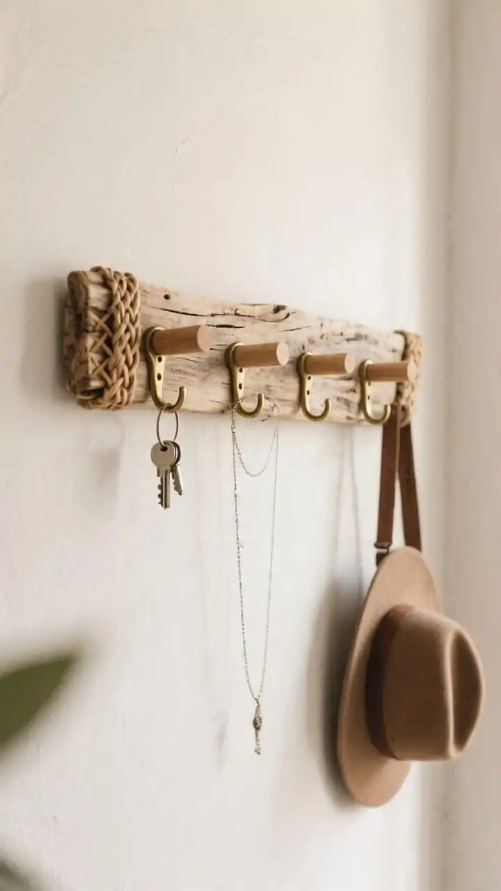 Closeup/medium hybrid, straight-on: A rustic entry organizer small driftwood piece mounted to the wall with evenly spaced brass cup hooks along the underside for keys and necklaces, plus two larger wooden pegs at the ends for bags or hats. One edge is wrapped with cane webbing/rattan for an artisan touch; the wood is sealed with a matte, non-gloss oil preserving its raw texture. Neutral wall in chalk white, warm lighting, minimal clutter; no people.