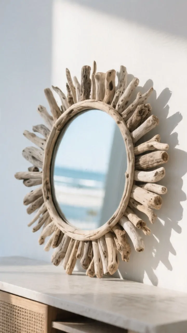 Closeup of a driftwood-framed mirror leaning on a console; assorted small driftwood sticks layered in tiers around the mirror’s edge, base ring plus smaller pieces for a 3D sculptural effect; intentional irregular corners and slight gaps for shadow play; optional matte sealant gives a natural, non-shiny finish; cool coastal palette reflected in the scene (whites, sands, soft blues); directional natural light creates crisp shadows between driftwood layers; shot straight-on to emphasize the frame’s texture