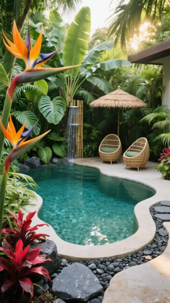 Corner-angle, lush tropical dip pool scene: compact freeform pool with teal pebble-finish interior plaster giving lagoon depth, perimeter packed with giant bird-of-paradise, monstera, ferns, and red ti plants, matte basalt stepping stones set into river rock curving along the edge, a bamboo outdoor shower partially hidden behind fronds, two woven egg chairs and a thatched umbrella; jade, teal, charcoal, and tropical greens dominate; warm, dappled sunlight filtering through foliage, photorealistic.