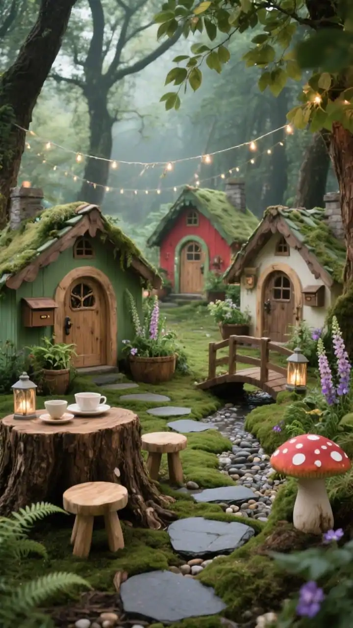 Corner-angle medium shot beneath trees, woodland fairy-tale village in shade: two to three tiny peaked-roof playhouses painted muted moss green, mushroom red, and cream; arched wooden doors, twig mailboxes; slate stepping stones and mossy mats forming a path between cottages; toadstool stools (painted wood) around a tree-stump table set for tea; canopy of stringed leaf garlands and subtle solar fairy lights twinkling; planters overflowing with ferns, foxgloves, and violas; tiny lanterns and a pebble “river” with a small wooden bridge; textures of rough-cut wood and bark brown tones; soft dappled forest light; photorealistic enchanted mood.