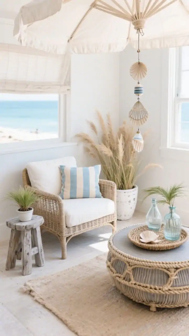 Corner angle medium shot, Coastal Rattan Retreat: a petite rattan loveseat with ivory cushions beside a round rope-wrapped coffee table; linen-striped pillows in soft blues and sandy beige; a weathered wood side stool holding a small plant; beach grasses or small palms in whitewashed pots; a lightweight canopy or umbrella casting a soft coastal glow; accents like a capiz shell wind chime and glass buoy vases on a woven tray; palette of sand, shell white, sky blue, and driftwood gray; bright but diffused light, no people, photorealistic.