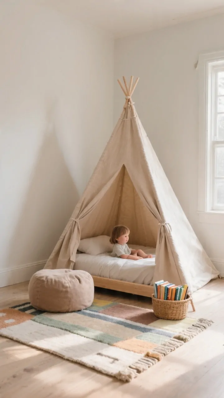 Corner angle medium shot: Montessori-style floor bed (house-frame or teepee frame) with a short, safe-length canopy draped like a tent; muted cotton canopy in warm neutral with cozy, kid-height feel; a plush floor cushion and a small basket of books at arm’s reach; layered rug or play mat under and around the bed for a soft landing; gentle morning light, practical and snuggly vibe; fabric kept off the floor to avoid tripping hazards; photorealistic, no people.