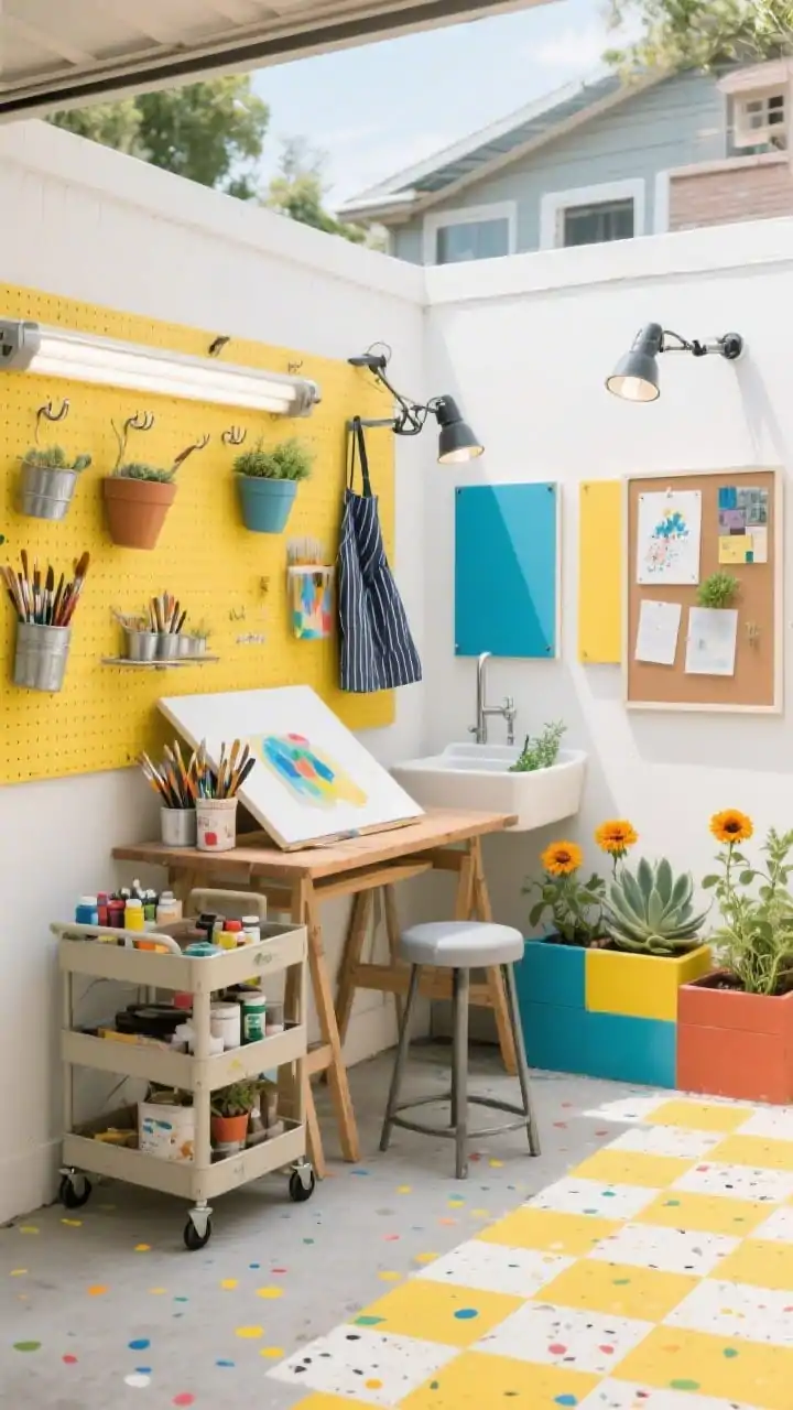 Corner-angle medium shot of a bright art studio patio: fold-down wall table open as a workbench with brushes and paints, a weatherproof rolling cart with glazes and tools, wipeable stool, small utility sink nearby; painted concrete floor in cheerful checkerboard/confetti speckle, pegboard with galvanized hooks holding aprons and pots, outdoor-safe art panels and a magnetic inspiration board, color-blocked planters with hardy succulents, marigolds, and herbs; sunny yellow, cerulean, and white palette; adjustable clamp lights and a daylight-temp task bar providing crisp illumination, clean and creative, photorealistic.
