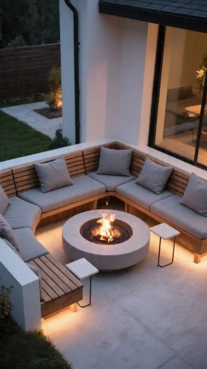 Corner-angle medium shot of a cozy built-in bench around a low-profile fire pit: curved L-shaped wood bench with slatted backs, seat height around 17 inches, depth 20 inches, slight recline; waterproof, solution-dyed fabric cushions in soft gray with quick-dry foam; hinged bench tops slightly open to suggest hidden storage; compact round fire pit centered in front; slim side tables integrated at bench ends; warm evening ambiance with subtle path lighting, no people