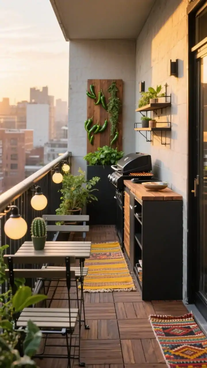 Corner-angle medium shot, Urban Balcony Grill Nook at golden hour: a compact apartment-friendly grill on a narrow steel console with hidden storage; modular walnut-toned deck tiles underfoot; a slim matte-black bistro set and fold-down wall shelves acting as prep boards; vertical planters softening the railings, stuffed with mint and chili peppers; clip-on globe lights along the railing and a colorful kilim outdoor runner; materials of powder-coated steel, wood deck tiles, woven textiles; palette of black, walnut, mustard, and cactus green; photorealistic, small-space efficiency.