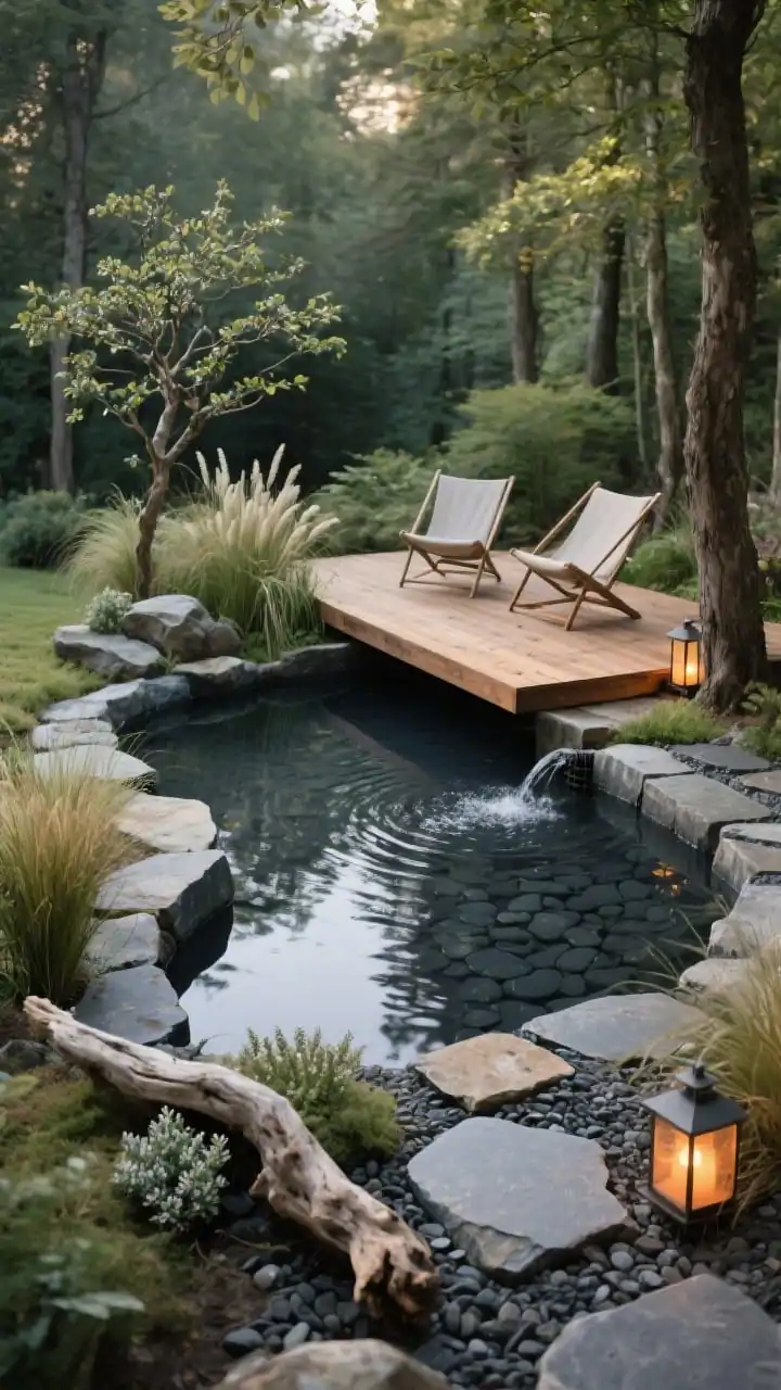 Corner-angle medium-wide shot of a natural plunge pond, woodland vibe: a small freeform plunge pond finished in dark pebble plaster for an earthy, reflective look; edge detailed with irregular stone slabs and a compact biofilter bed subtly hidden by layered grasses. Planting includes dwarf papyrus, Japanese forest grass, creeping thyme between stones, and a small multi-trunk serviceberry casting dappled shade. A rough-hewn cedar platform “floating” over one edge as a sun deck with two sling chairs. A subtle bubbling stone aerator creating gentle ripples; decor accents: driftwood piece, slate stepping stones, lanterns with soft amber LED glow. Calm, organic mood under soft natural light.