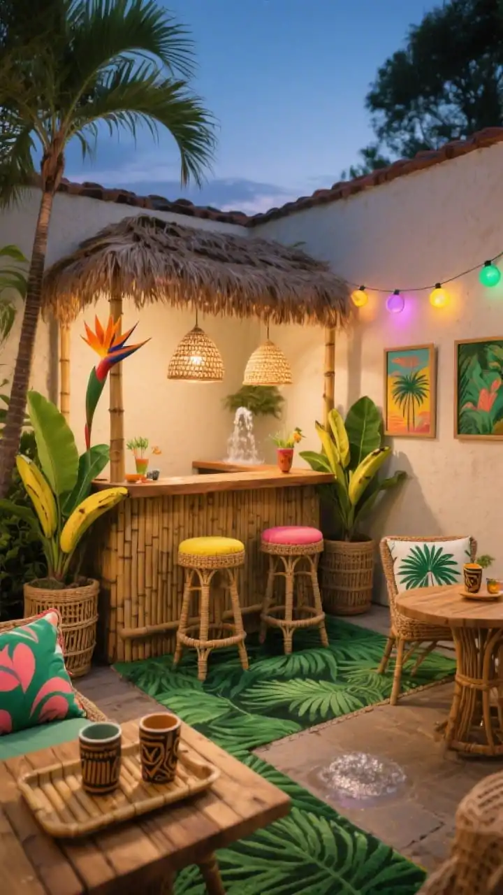 Corner angle, Tropical Tiki Cocktail Courtyard at twilight: a compact bamboo-wrapped bar with a thatch-style canopy, rattan bar stools with colorful cushions, banana leaf planters flanking the bar and a towering bird of paradise; a jungle-green outdoor rug defining the bar zone; woven pendant lights overhead; a petite acacia bistro set with palm-print cushions; tiki mugs and bamboo trays on the counter, tropical art prints in weatherproof frames on a stucco wall; multicolor globe string lights and a small bubbling water feature; vivid palm green, coral, sunny yellow, and natural rattan tones; playful, lush vibe, photorealistic.
