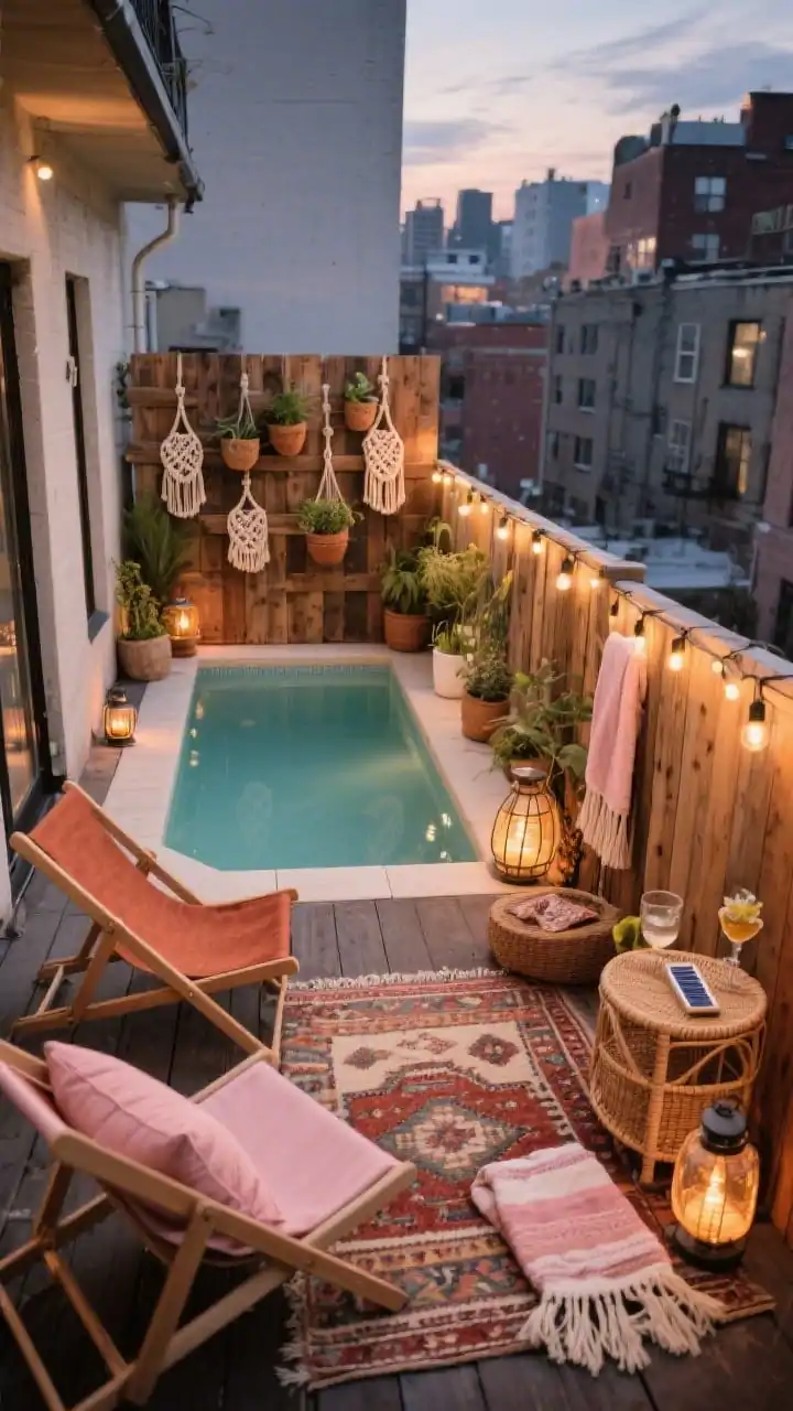 Corner-angle wide shot, urban boho balcony-style oasis: a compact rectangular above-ground pool tucked against a fence clad in reclaimed, sanded-and-stained pallet boards; a cluster of macramé planters hanging at staggered heights; low-profile foldable lounge chairs with rust and blush cushions; layered kilim-style outdoor rugs, mixed lanterns, tassel towels, and a rattan drink cart; clip-on solar string lights along the fence for soft sparkle; palette of warm wood, rust, blush, and cream; twilight ambiance with warm, intimate glow; photorealistic, no people.