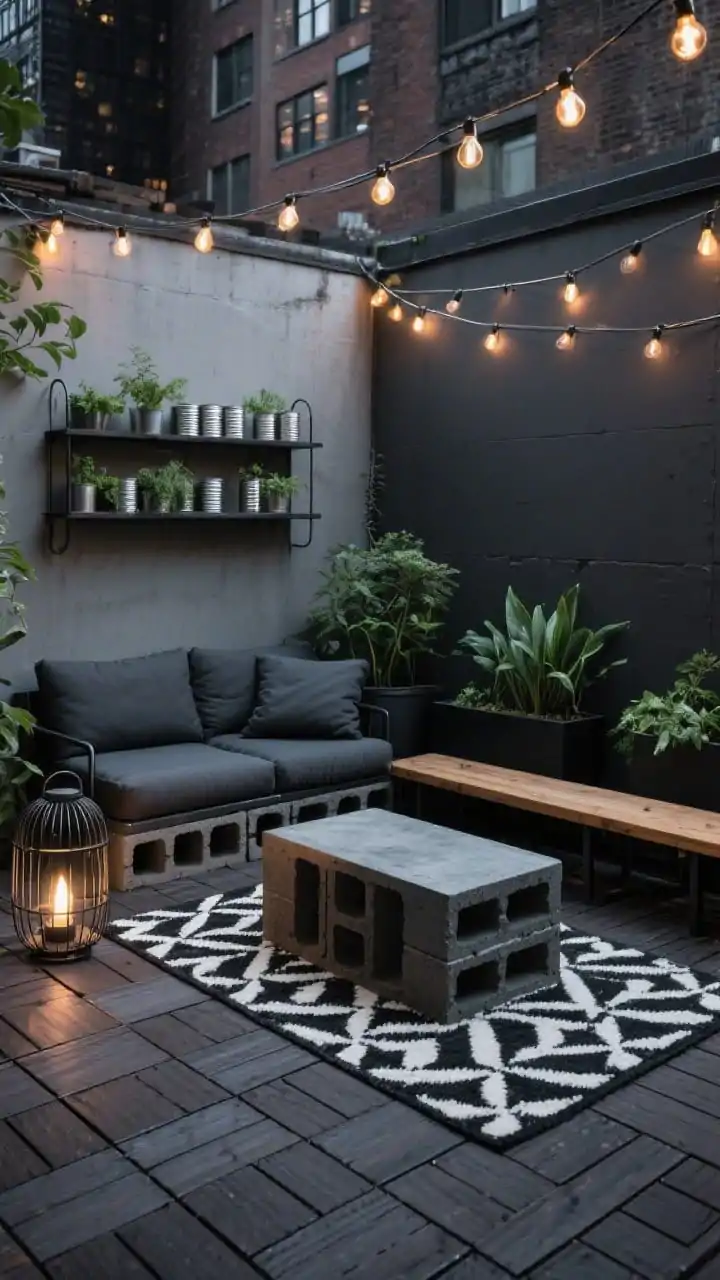 Corner angle wide shot, urban industrial hangout: interlocking deck tiles in dark wood/composite floor; a slim-profile charcoal sectional with weatherproof cushions; a DIY cinder block and plank bench along one side; matte-black metal planters with deep green foliage; a concrete-look coffee table (painted textured outdoor finish); industrial shelf with herbs in tin cans; tight palette of black, gray, and deep green; Edison-bulb string lights zigzag overhead and a metal-caged floor lantern glowing near the bench; a black-and-white geometric rug anchoring the seating. Evening city-cool mood, sleek and minimal.