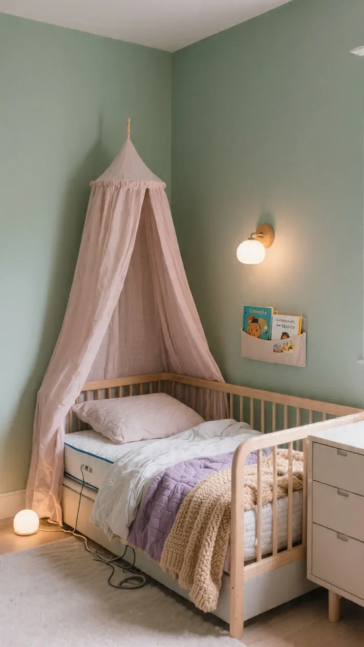 Cozy bed nook medium shot from a corner angle: A low Montessori floor bed with guardrail silhouette against a soft sage wall, draped with an airy canopy/fabric swag in muted blush (safely away from any lights). Layered bedding in mixed textures crinkled muslin sheets, chunky knit throw, and a quilt in dusty lavender and warm beige. A dimmable wall sconce with warm-white glow, plus a small warm-white night light near the floor. A book pocket hanging on the bed side with two picture books visible. Waterproof mattress protector implied by crisp, slightly padded mattress surface. Cords neatly hidden with cord covers; nearby dresser anchored.