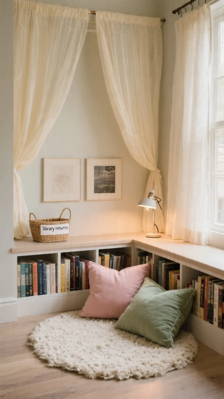 Cozy reading nook closeup: A low front-facing bookshelf with book covers acting like art, a plush textured rug in cream, two floor cushions in blush and sage, and a small clip-on reading light on the shelf; a sheer canopy in buttercream drapes overhead creating a retreat feel; a tiny basket marked “library returns” beside the ledge; warm, calm lighting ideal for bedtime reading.
