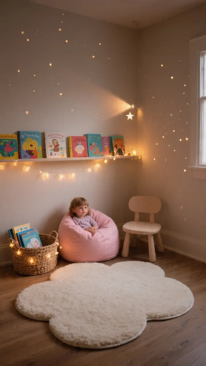 Cozy, straight-on medium shot of a reading nook she can’t resist: round cloud-shaped rug in cream, a kid-size blush beanbag next to a low-back mini chair, front-facing picture ledges displaying colorful book covers, a woven basket with bedtime books, delicate battery-powered fairy lights draped along the shelves, optional star projector glow creating soft dots on the wall; warm, dim evening ambiance.