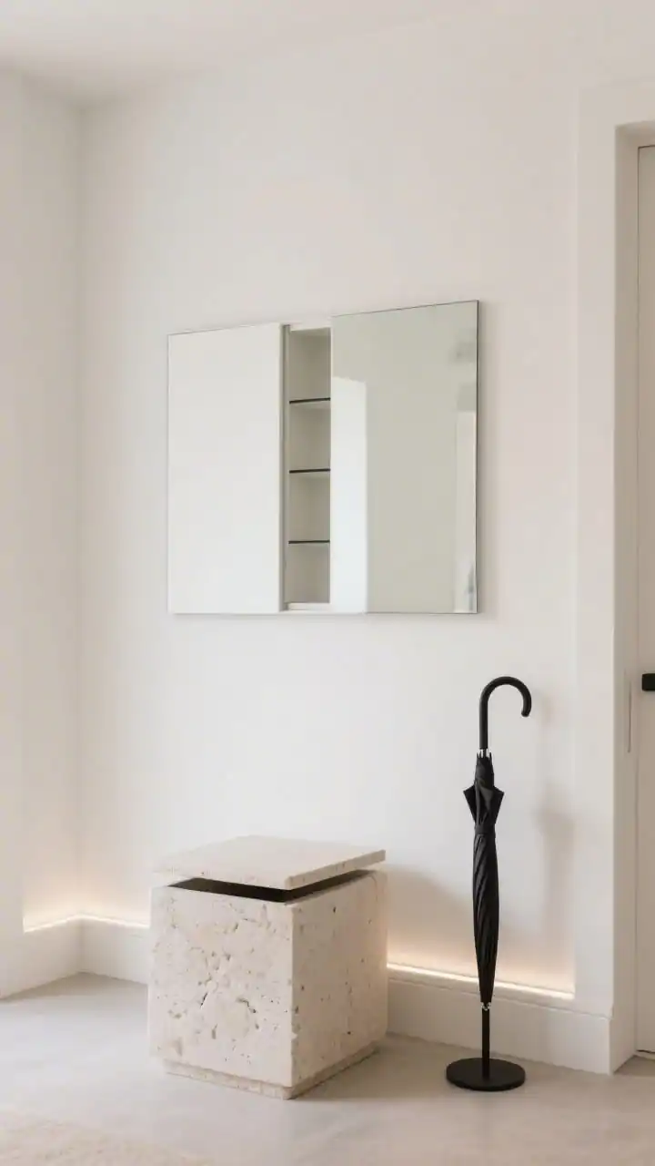 Detail/architectural closeup, straight-on of a monochrome minimal entry wall painted tonal warm white, featuring a perfectly flush frameless mirror cabinet door slightly ajar to reveal slim shelving. In the foreground, a soft stone–look cube plinth with a removable lid (hidden storage), and a slender matte black umbrella stand. Shadow-gap baseboards and a recessed linear light cast refined, gallery-like illumination. Mood: museum polish. Photorealistic.