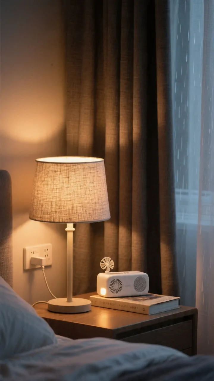 Detail closeup: A nightstand vignette showing layered bedtime lighting and sound. A dimmable warm LED bulb (2700K) glows from a fabric-shade table lamp, with a tiny gentle nightlight plugged in nearby. A smart plug visible discreetly behind the lamp, hinting at a scheduled wind-down. In the background, blackout curtains layered with sheer panels are partially drawn, showing their double-layer texture. A compact white noise machine set to fan/rain sits beside a bedtime book. Warm, cozy evening lighting with soft shadows. Photorealistic, intimate detail shot capturing textures of fabric shade and curtain weave.